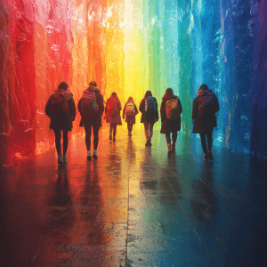 Rainbow Pathway: A group of friends walking together on a pathway that subtly transitions into a rainbow gradient, symbolizing solidarity and the journey of shared experiences.