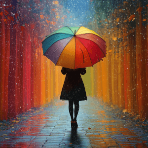 Rainbow Umbrella in a Storm: A person holding a rainbow-colored umbrella in a storm, symbolizing resilience and protection against the negativity of toxic people.
