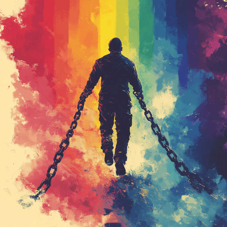 An empowering illustration of a figure breaking chains on a vibrant rainbow gradient background, symbolizing liberation from stigma and embracing bisexual identity in 2025.