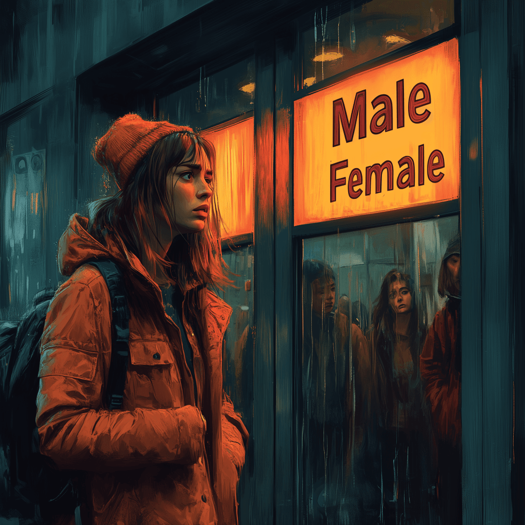 Illustration of a young person standing outside a building with glowing signs labeled 'Male' and 'Female,' symbolizing exclusion and gender limitations.