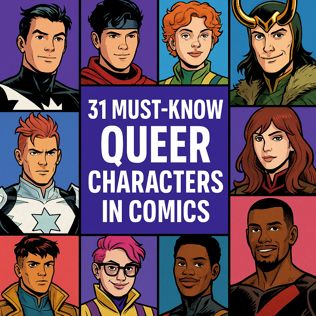 Comic book-style collage of queer characters with the central title: 31 Must-Know Queer Characters in Marvel Comics