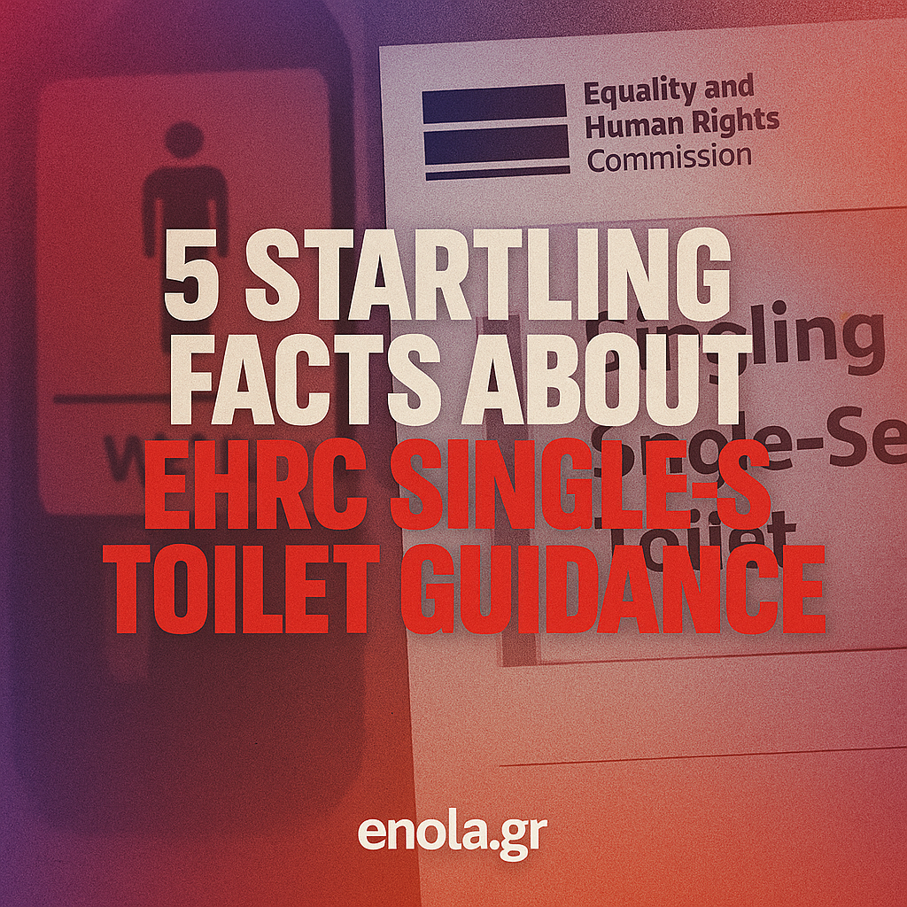 Square graphic featuring the bold headline "5 Startling Facts About EHRC Single-Sex Toilet Guidance" in navy and red above a gender-neutral toilet icon, with "enola.gr" at the bottom on a white background.