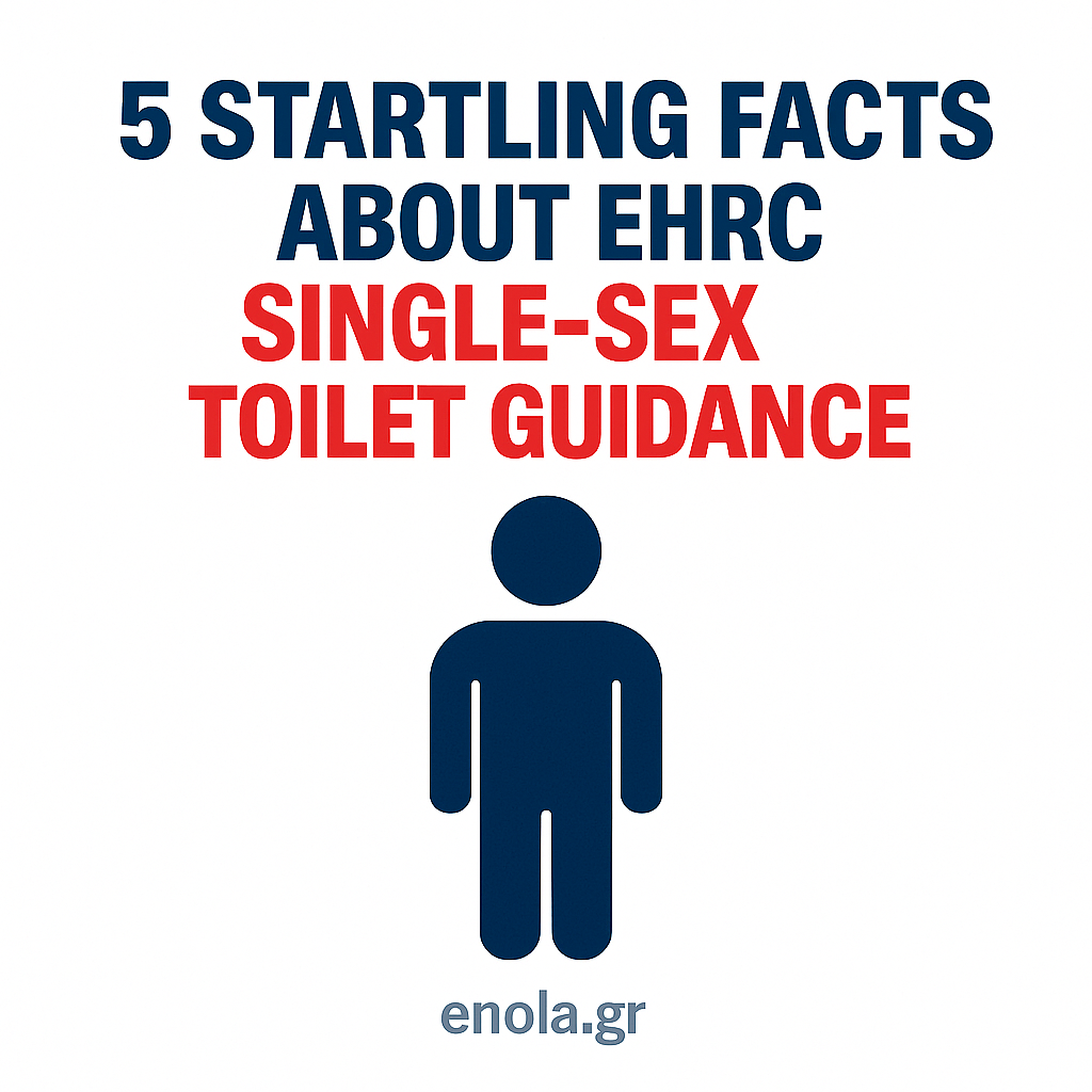 Square graphic featuring the bold headline "5 Startling Facts About EHRC Single-Sex Toilet Guidance" in navy and red above a gender-neutral toilet icon, with "enola.gr" at the bottom on a white background.