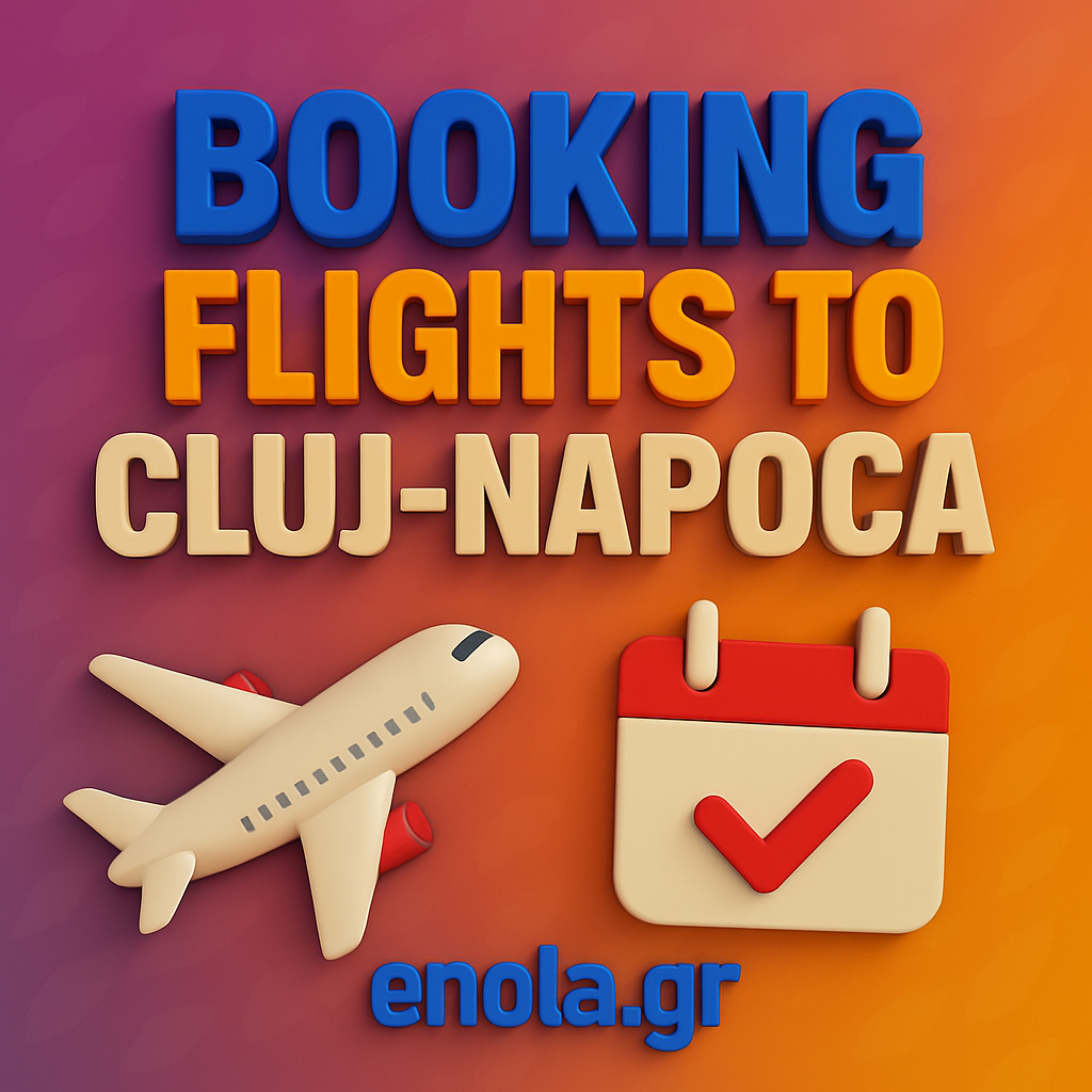 Square social-media graphic with a purple-to-orange gradient and subtle leaf textures. Bold 3D blue text reads “BOOKING,” orange “FLIGHTS TO,” and beige “CLUJ-NAPOCA.” Below are 3D icons of an airplane and a check-mark calendar, with “enola.gr” in blue at the bottom.