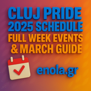 Square social graphic with a vibrant purple-to-orange gradient background textured with subtle leaf motifs. Bold 3D blue text at the top reads “CLUJ PRIDE 2025 SCHEDULE,” followed by bright orange text “FULL WEEK EVENTS & MARCH GUIDE.” A 3D-style calendar icon with a red checkmark appears in the lower left, and the website “enola.gr” is displayed in blue at the bottom.