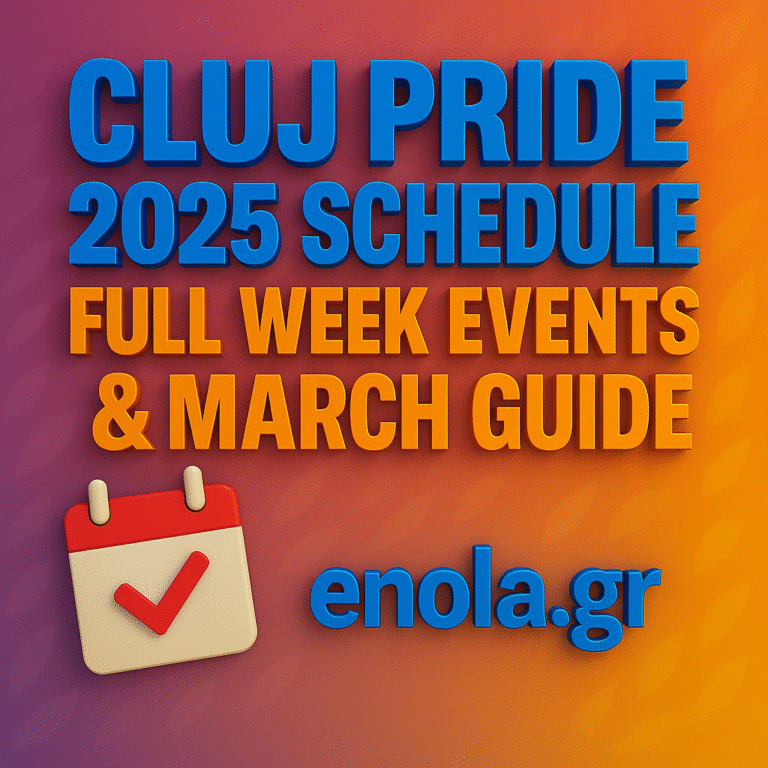 Square social graphic with a vibrant purple-to-orange gradient background textured with subtle leaf motifs. Bold 3D blue text at the top reads “CLUJ PRIDE 2025 SCHEDULE,” followed by bright orange text “FULL WEEK EVENTS & MARCH GUIDE.” A 3D-style calendar icon with a red checkmark appears in the lower left, and the website “enola.gr” is displayed in blue at the bottom.