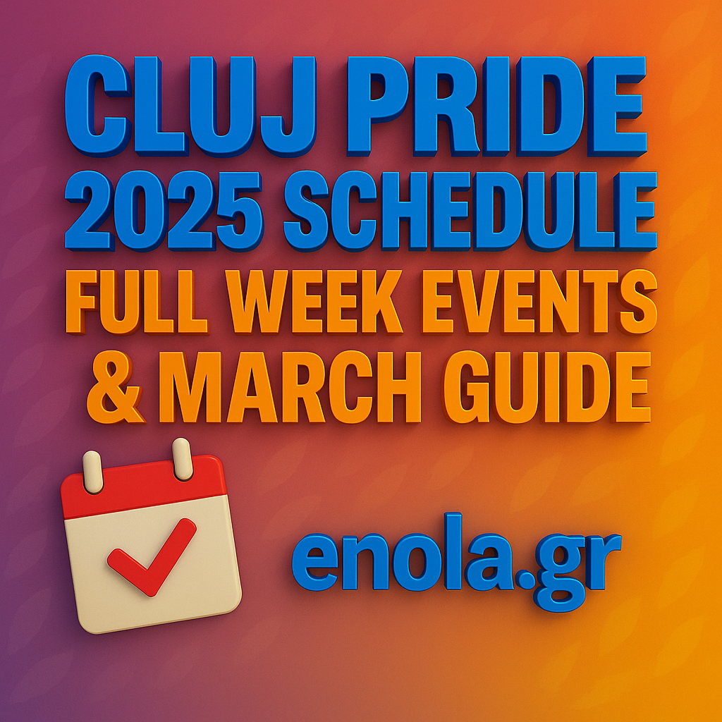 Square social graphic with a vibrant purple-to-orange gradient background textured with subtle leaf motifs. Bold 3D blue text at the top reads “CLUJ PRIDE 2025 SCHEDULE,” followed by bright orange text “FULL WEEK EVENTS & MARCH GUIDE.” A 3D-style calendar icon with a red checkmark appears in the lower left, and the website “enola.gr” is displayed in blue at the bottom.