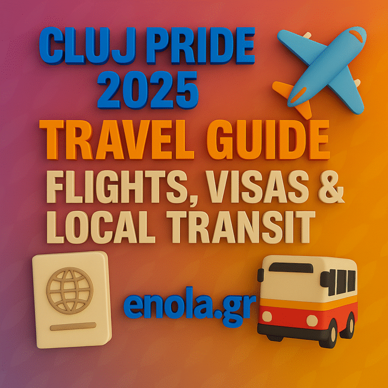 Square social-media graphic with a purple-to-orange gradient and subtle leaf patterns. Bold 3D text reads “CLUJ PRIDE 2025 TRAVEL GUIDE” and beneath it “FLIGHTS, VISAS & LOCAL TRANSIT.” Icons of an airplane, a visa stamp, and a bus appear above the “enola.gr” URL in blue at the bottom.