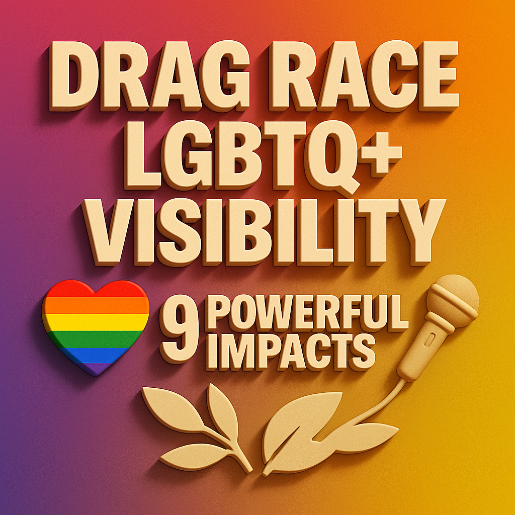 A square-format 3D digital graphic with a rich gradient background transitioning from deep purple at the top left to vibrant orange at the bottom right. Centered in extruded, cream-colored 3D text are the words “DRAG RACE LGBTQ+ VISIBILITY” on the first two lines and “9 POWERFUL IMPACTS” beneath. Surrounding the text are three icons: a rainbow heart at top right, a vintage microphone at bottom left, and subtle leaf silhouettes in the background. Deep drop shadows and beveled edges give the text and icons pronounced depth.