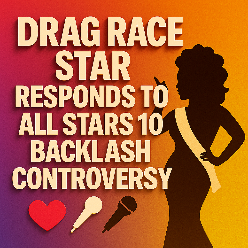 3D-style digital graphic with a warm gradient background shifting from purple at the left to orange at the right. Bold, extruded cream-colored text across the image reads “DRAG RACE STAR RESPONDS TO ALL STARS 10 BACKLASH CONTROVERSY.” On the right, a silhouetted drag queen wearing a sash strikes a confident pose. Along the bottom, a red heart icon and two microphones (one beige, one dark) emphasize themes of love and voice.
