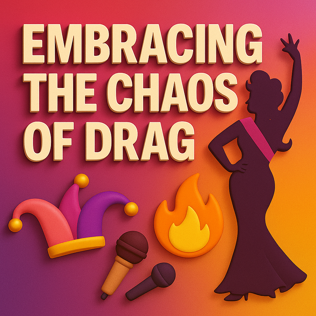 3D-style digital graphic with a gradient background transitioning from magenta to purple to orange, accented by subtle leaf silhouettes. At the top, bold, extruded cream-colored 3D text reads “EMBRACING THE CHAOS OF DRAG.” On the right, a deep purple silhouette of a drag queen strikes a confident pose. Below, a colorful jester’s hat, an orange flame icon, and two 3D microphones emphasize performance, unpredictability, and voice.