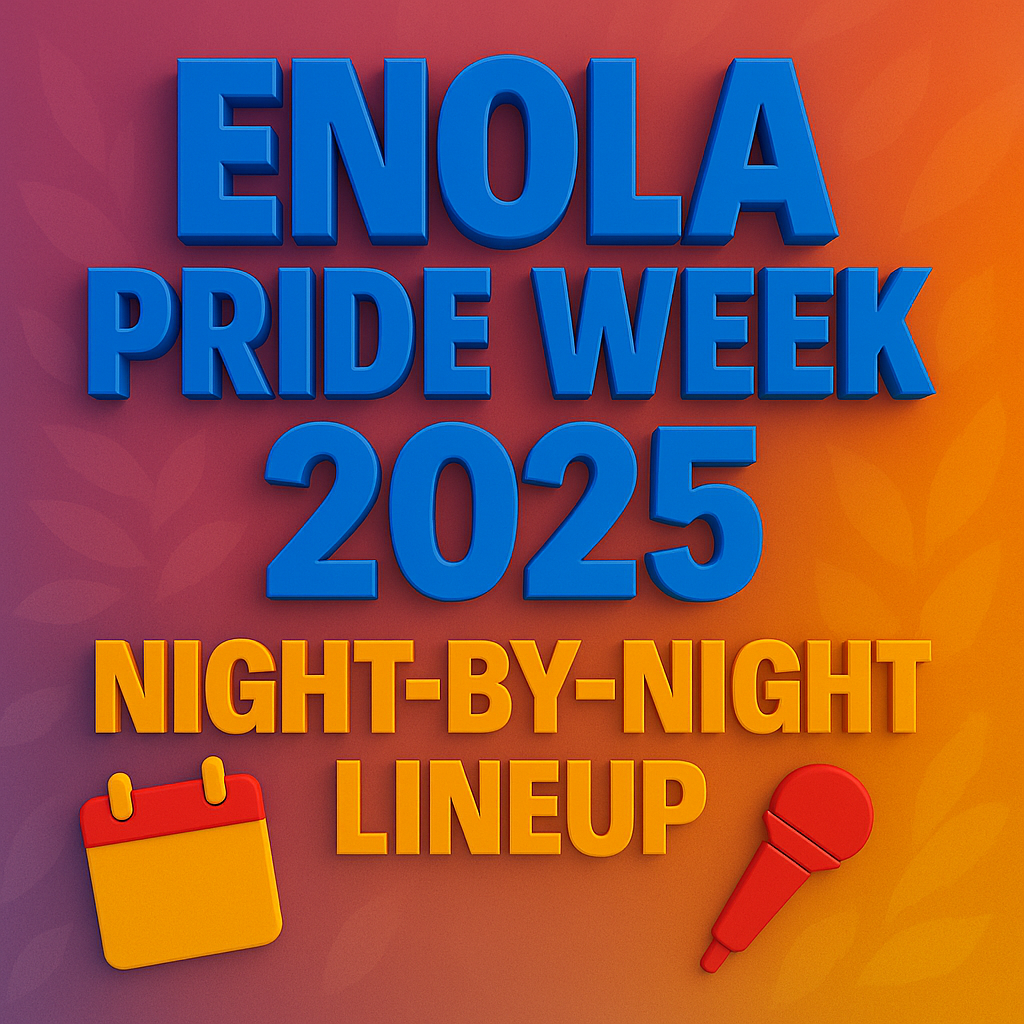 Enola Club Events graphic for Pride Week Thessaloniki 2025 with bold 3-D text and calendar-microphone icons.