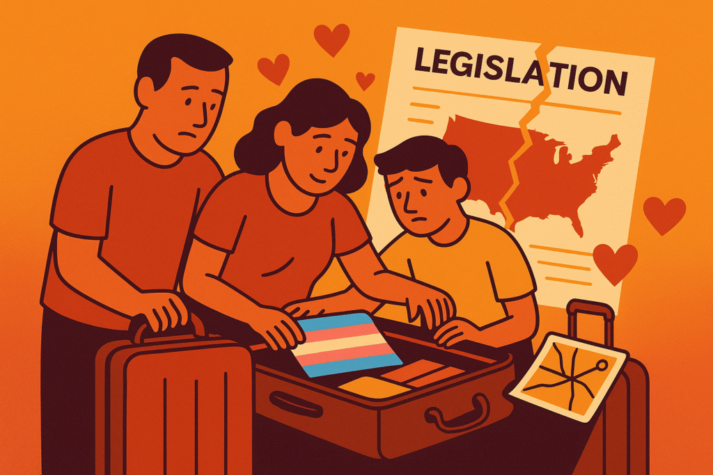 Flat-style digital illustration of a family of three—a father, mother, and young son—packing a suitcase together. The mother is folding a transgender pride flag into the luggage while the father holds another suitcase. In the background, a torn piece of paper labeled “LEGISLATION” shows a jagged crack across a map of the United States. Red hearts float above them, suggesting love and solidarity amid uncertainty. A small map icon lies beside the open suitcase, indicating relocation.