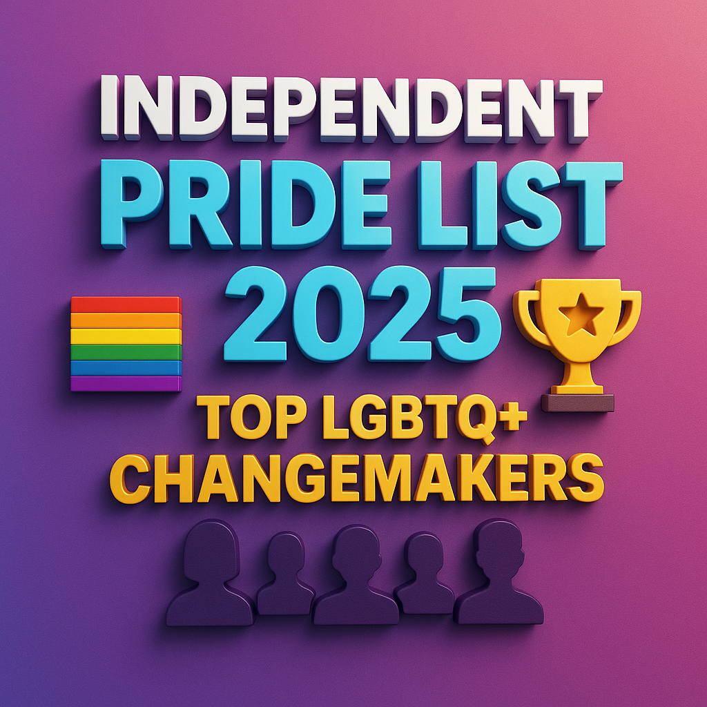 A square-format 3D-style illustration announcing the “Independent Pride List 2025,” featuring the focus text “PRIDE LIST 2025” and “TOP LGBTQ+ CHANGEMAKERS.” The gradient background shifts from magenta to purple, with leaf silhouettes. A rainbow flag icon and golden trophy flank the title, while five purple silhouettes at the bottom represent the changemakers honored by the Independent Pride List 2025.