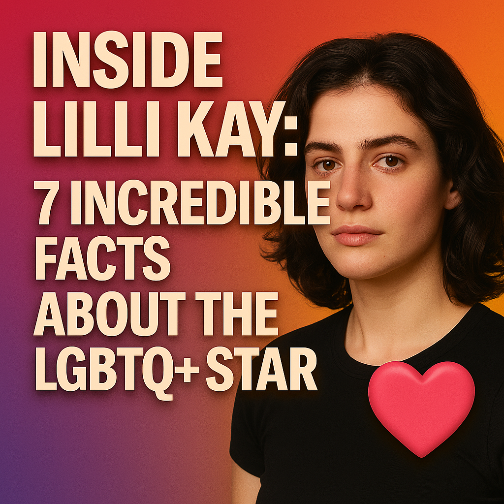 A 3D-style social media graphic featuring a close-up portrait of Lilli Kay against a warm gradient background transitioning from purple to orange. On the left, bold, extruded beige text reads “INSIDE LILLI KAY: 7 INCREDIBLE FACTS ABOUT THE LGBTQ+ STAR.” A pink 3D heart icon appears near the bottom right to highlight pride.