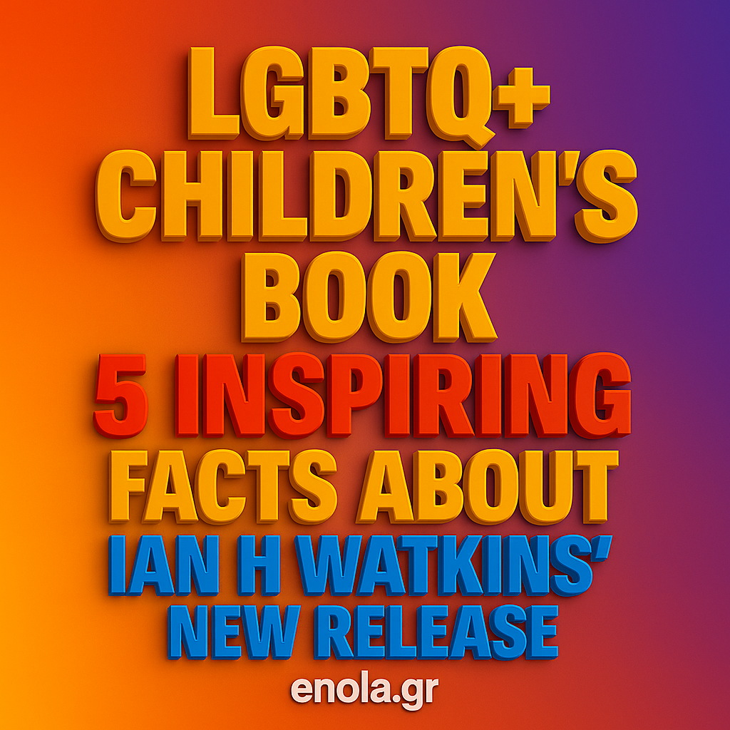 3D text graphic reading “LGBTQ+ Children's Book: 5 Inspiring Facts About Ian H Watkins' New Release” with enola.gr at the bottom, on a vibrant orange-purple gradient background.