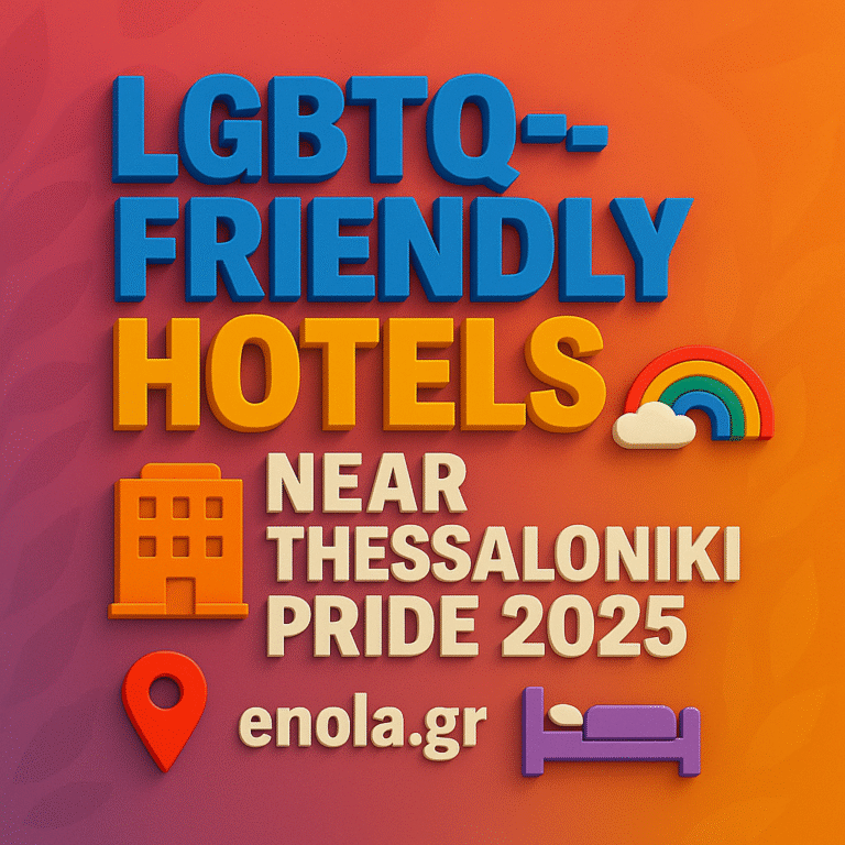 “LGBTQ-friendly hotels near Thessaloniki Pride 2025 graphic with bold 3-D text, rainbow icon, hotel symbol and map pin on an orange-to-purple gradient background.”