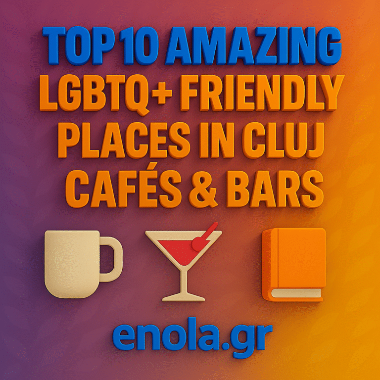 Square gradient graphic from purple to orange with bold 3D text “Top 10 Amazing LGBTQ+ Friendly Places in Cluj – Cafés & Bars” above icons of a coffee cup, martini glass, and book; “enola.gr” at bottom.