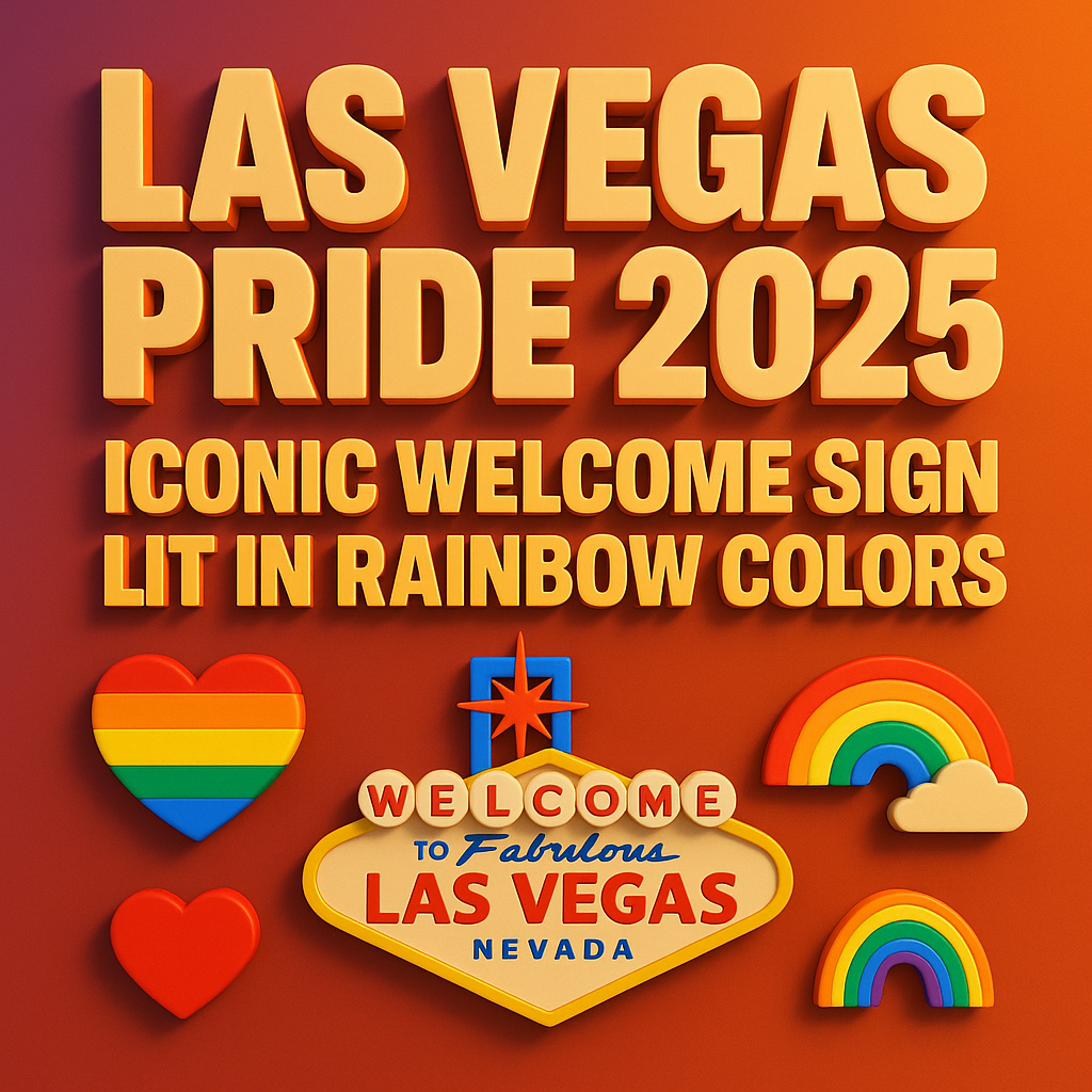 3D bold text reading “LAS VEGAS PRIDE 2025” over “ICONIC WELCOME SIGN LIT IN RAINBOW COLORS,” set against a warm orange-to-purple gradient, with rainbow-striped heart, rainbow-lit “Welcome to Fabulous Las Vegas” sign, and two stylized rainbows and cloud icons below.