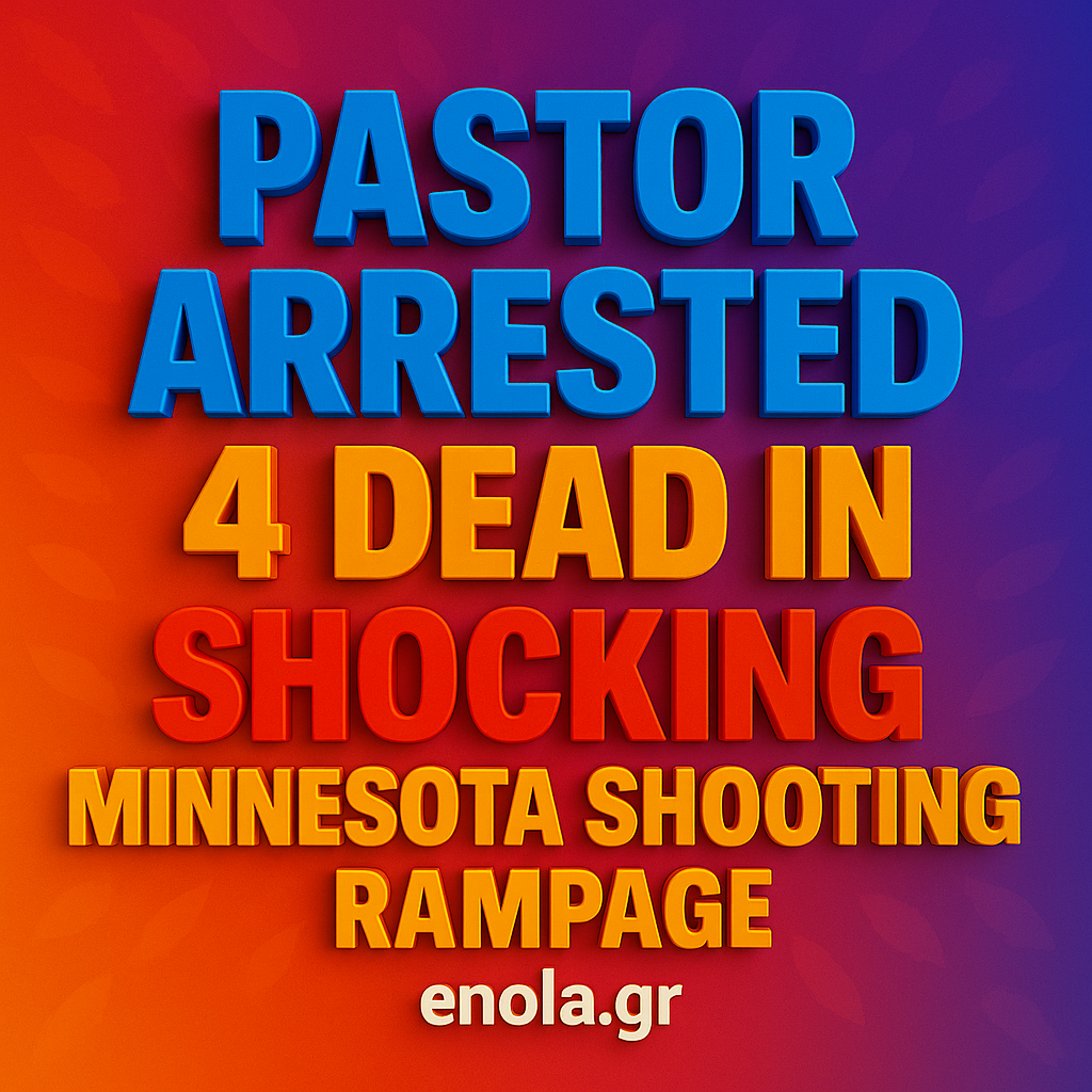 Pastor Arrested: 4 Dead in Shocking Minnesota Shooting Rampage – bold 3D text on a colorful gradient background with heart icons and the website enola.gr