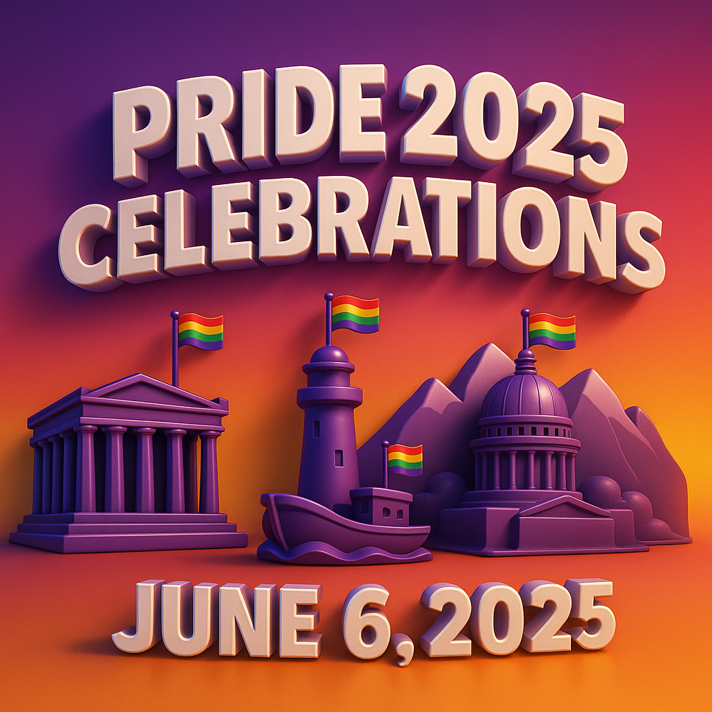 3D-rendered graphic with large extruded white text reading “PRIDE 2025 CELEBRATIONS” at the top. Below are three stylized purple landmarks: a Parthenon with a rainbow flag for Athens (left), a lighthouse and boat on waves with a rainbow flag for Provincetown (center), and the Utah State Capitol dome in front of mountain silhouettes with a rainbow flag for Utah (right). At the bottom, bold white text reads “JUNE 6, 2025,” all set against a vibrant gradient background transitioning from purple at the top to orange at the bottom.