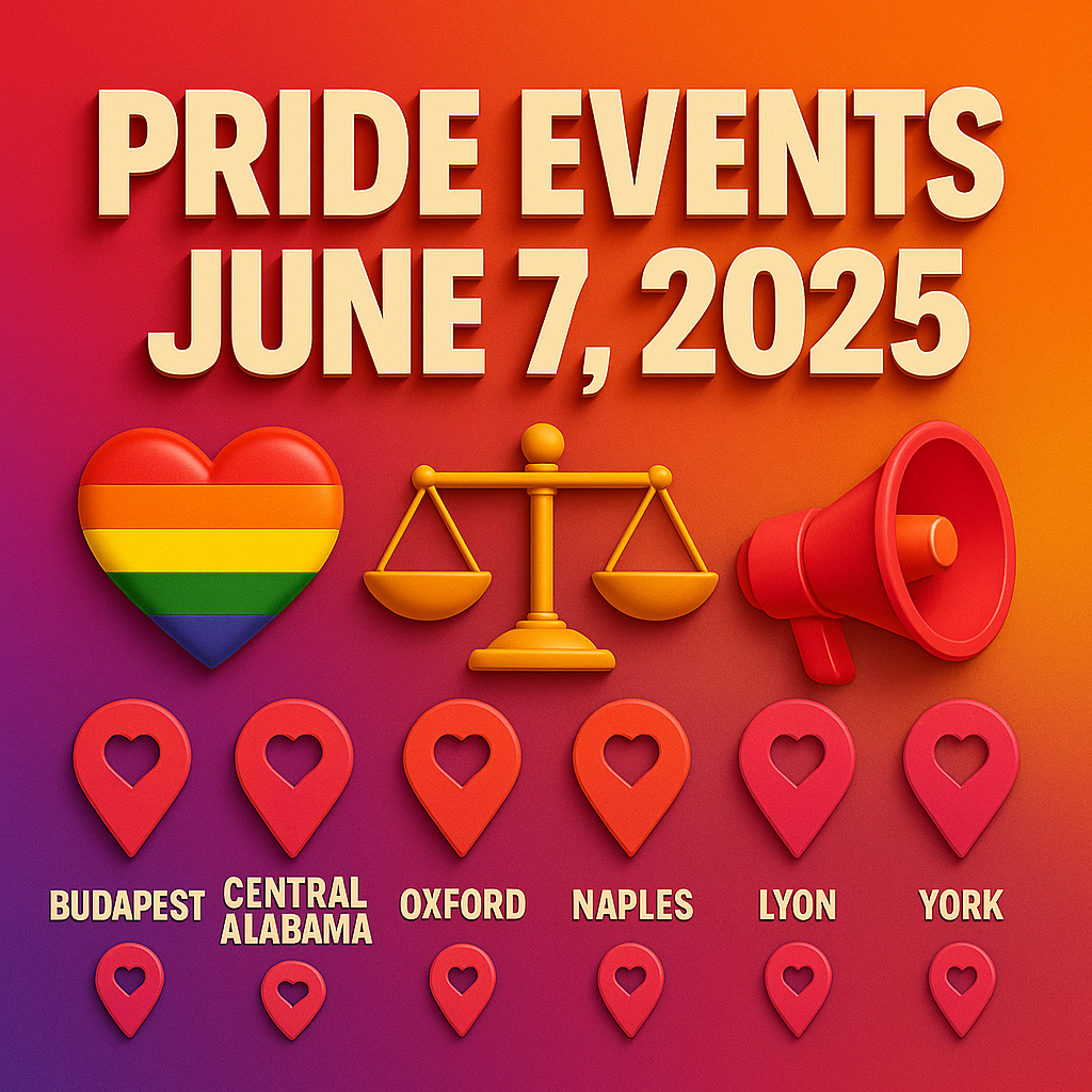 A square-format 3D illustration with a magenta-to-pink gradient background and subtle leaf silhouettes. At the top, bold, extruded beige text reads “PRIDE EVENTS” and “JUNE 7, 2025.” Below, six stylized 3D landmarks, each in varying shades of pink, represent different cities: a Parliament-style building for Budapest; a bell icon for Central Alabama; a Colosseum-like structure for Naples; a domed building for Oxford; a Gothic church for Lyon; and a castle tower for York. Each landmark is labeled with its city name in off-white text centered beneath it.