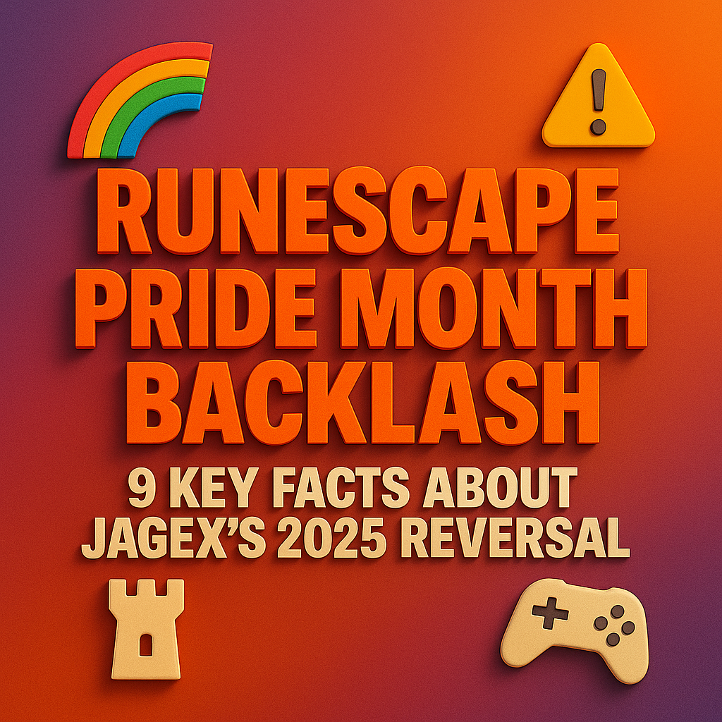 RuneScape Pride Month Backlash graphic showing bold orange headline, rainbow icon, castle tower, game-pad and warning symbol on a purple-to-orange gradient, announcing 9 key facts about Jagex’s 2025 reversal.