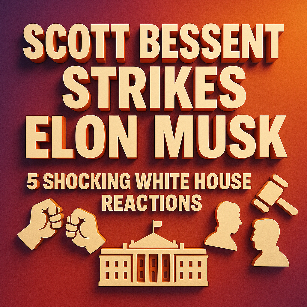 A square-format 3D digital illustration with a gradient background fading from deep purple to bright orange, featuring prominent extruded cream-colored 3D text that reads “SCOTT BESSENT STRIKES ELON MUSK” on the top three lines and “5 SHOCKING WHITE HOUSE REACTIONS” beneath. Below the text are 3D icons—a pair of clenched fists, a silhouette of the White House, a gavel, and two side-profile silhouettes—each casting realistic shadows for depth.