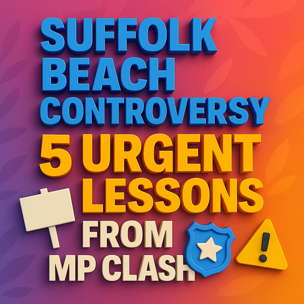 A square-format 3D illustration with a vibrant gradient background transitioning from pink to purple to orange. Bold, extruded blue 3D text at the top reads “SUFFOLK BEACH CONTROVERSY,” followed by yellow 3D text “5 URGENT LESSONS” and cream-colored text “FROM MP CLASH.” A white protest placard icon, a blue police badge, and a yellow warning triangle emphasize the safety and community themes.