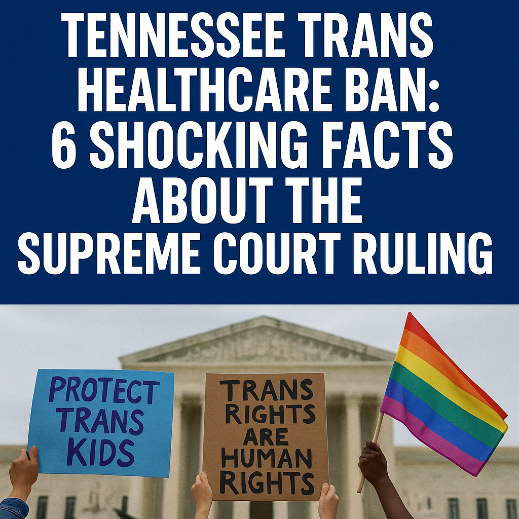 Protesters in front of the Supreme Court holding signs in opposition to the Tennessee trans healthcare ban.