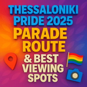 Thessaloniki Pride 2025 parade route graphic with bold 3-D rainbow text and icons of a map pin, rainbow flag and camera.
