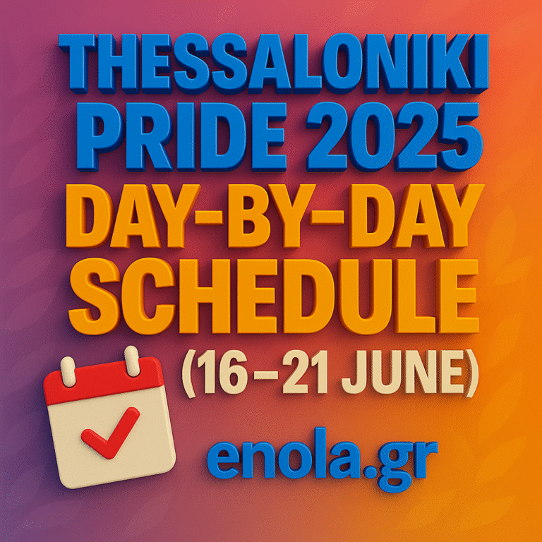 Thessaloniki Pride 2025 schedule graphic—bold 3-D text reads ‘Thessaloniki Pride 2025 Day-by-Day Schedule (16-21 June)’ on a rainbow gradient background with a calendar icon and enola.gr branding.