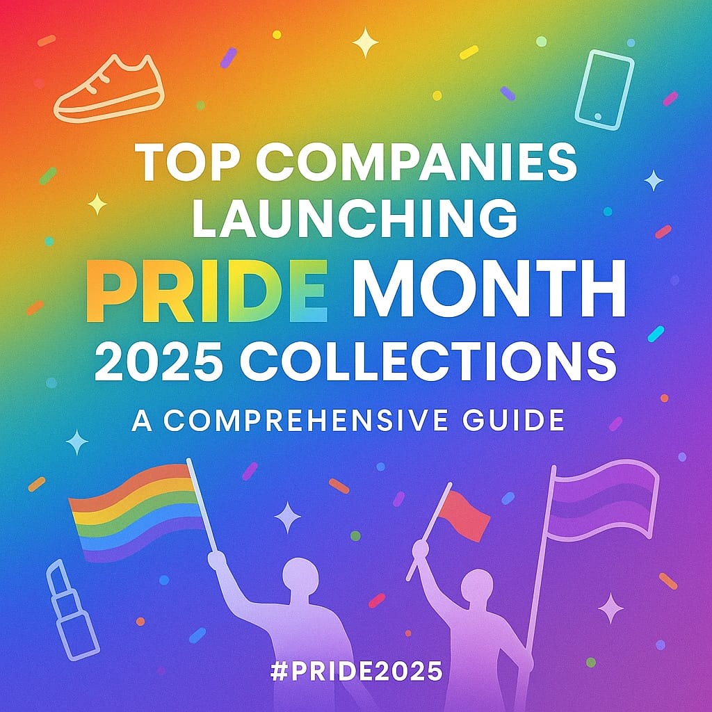 Rainbow-gradient graphic with bold white headline ‘Top Companies Launching Pride Month 2025 Collections,’ rainbow-flag silhouettes, confetti, and small icons of a sneaker, phone, and lipstick.