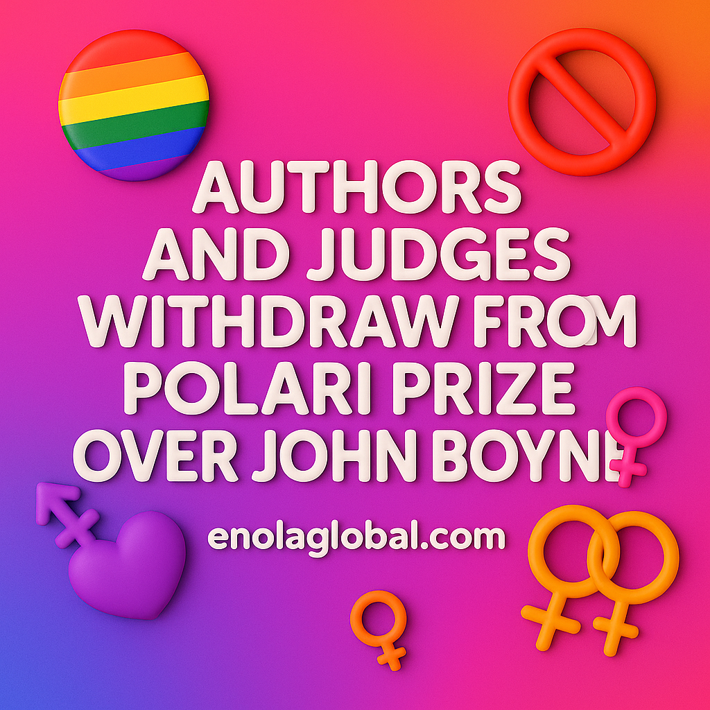 A bold digital news graphic with a pink-to-purple gradient background. The text in large white 3D-style letters reads: “AUTHORS AND JUDGES WITHDRAW FROM POLARI PRIZE OVER JOHN BOYNE.” Colorful 3D LGBTQ+ icons, including rainbow hearts, gender symbols, and stars, are placed around the text. At the bottom center, the website enolaglobal.com is displayed.