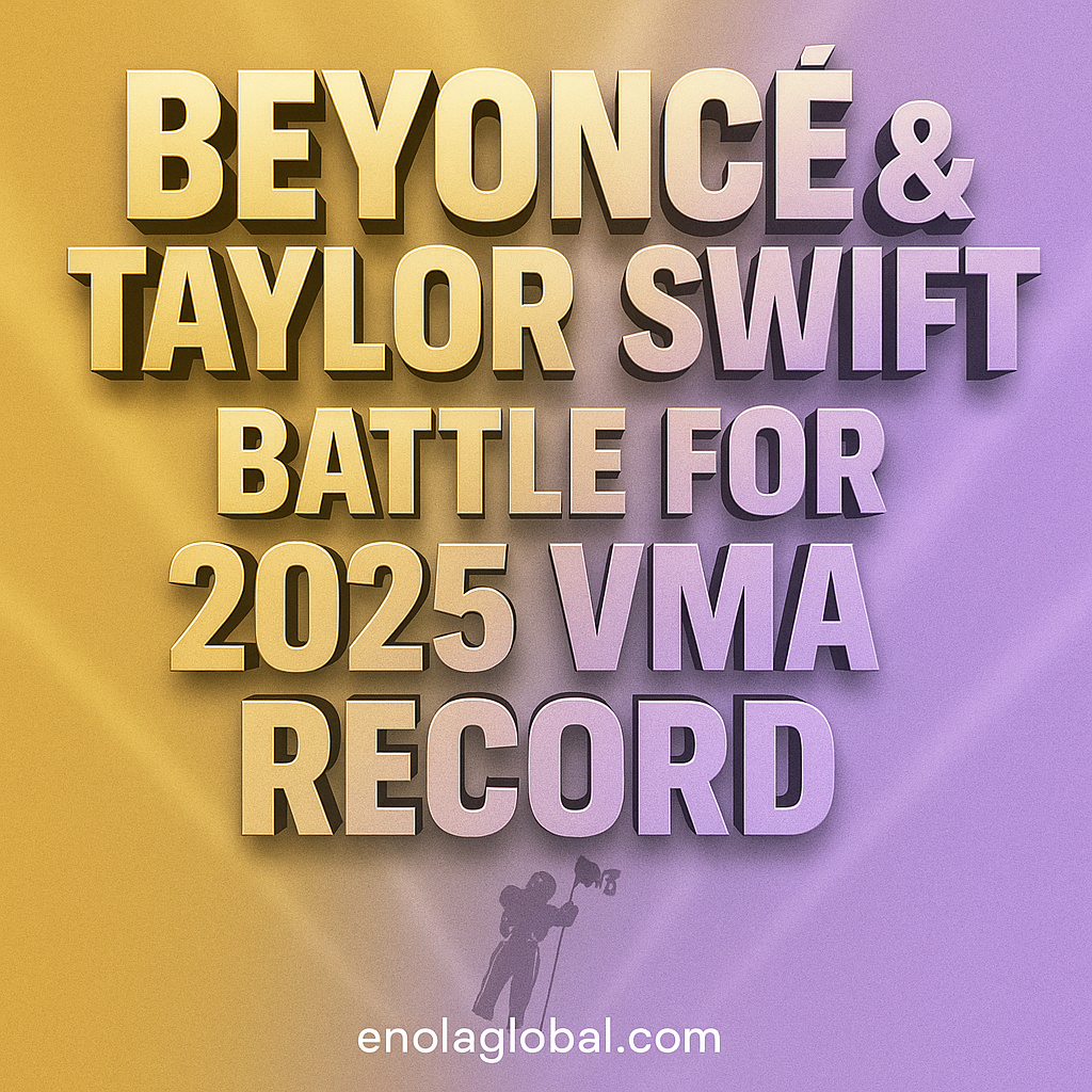 Square social graphic: split gold-and-lavender background, bold 3-D headline “Beyoncé & Taylor Swift Battle for 2025 VMA Record,” Moonman silhouette, enolaglobal.com centered at bottom.