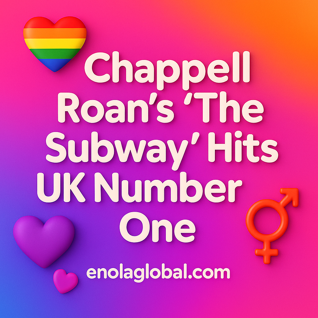 Square 2D graphic with bold white text reading “Chappell Roan’s ‘The Subway’ Hits UK Number One” on a vibrant pink, orange, and purple gradient background, decorated with a rainbow Pride heart, purple hearts, and orange gender symbols, with “enolaglobal.com” at the bottom.