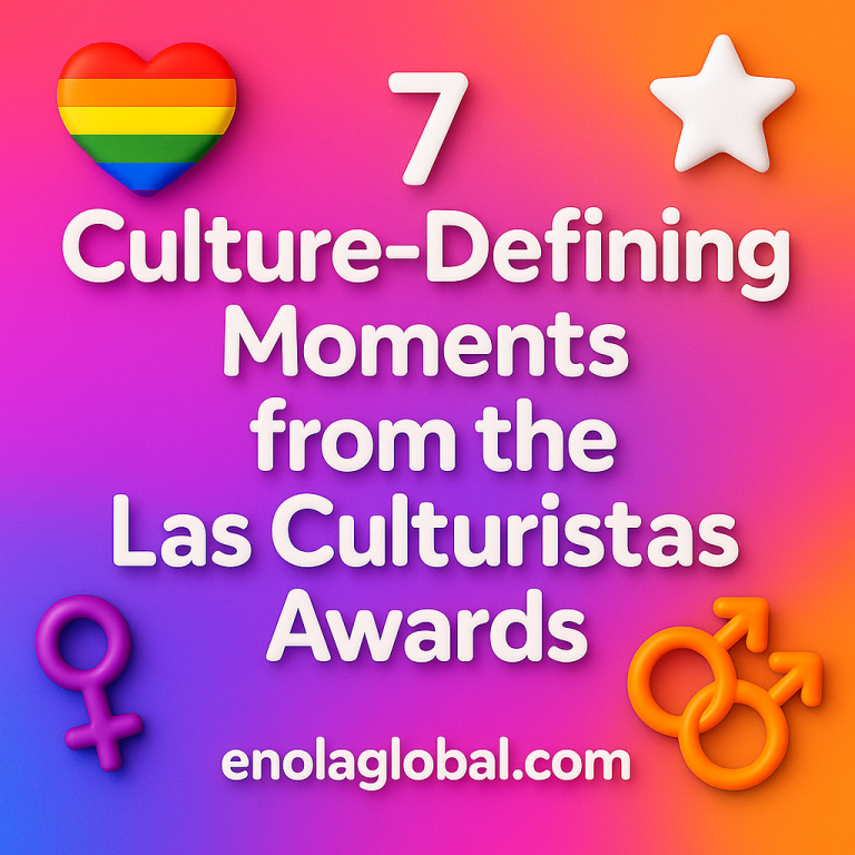 Square 2D graphic with bold white text reading “7 Culture-Defining Moments from the Las Culturistas Awards” on a vibrant pink, purple, and orange gradient background, decorated with 3D Pride heart, white star, gender symbols, and interlocking male symbols.