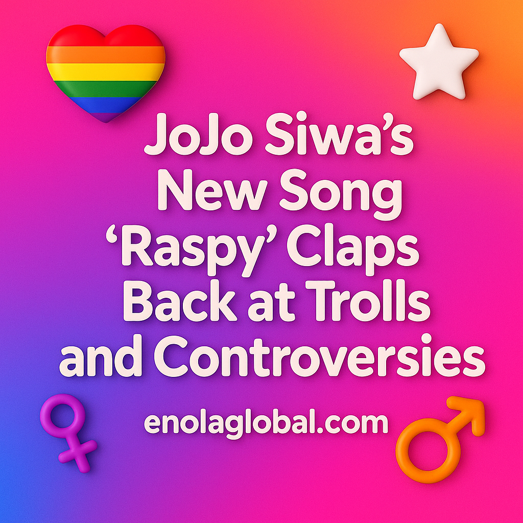 Square 2D graphic with bold white text reading “JoJo Siwa’s New Song ‘Raspy’ Claps Back at Trolls and Controversies” on a vibrant pink-to-purple-to-orange gradient background, decorated with a 3D Pride heart, white star, and gender symbols.