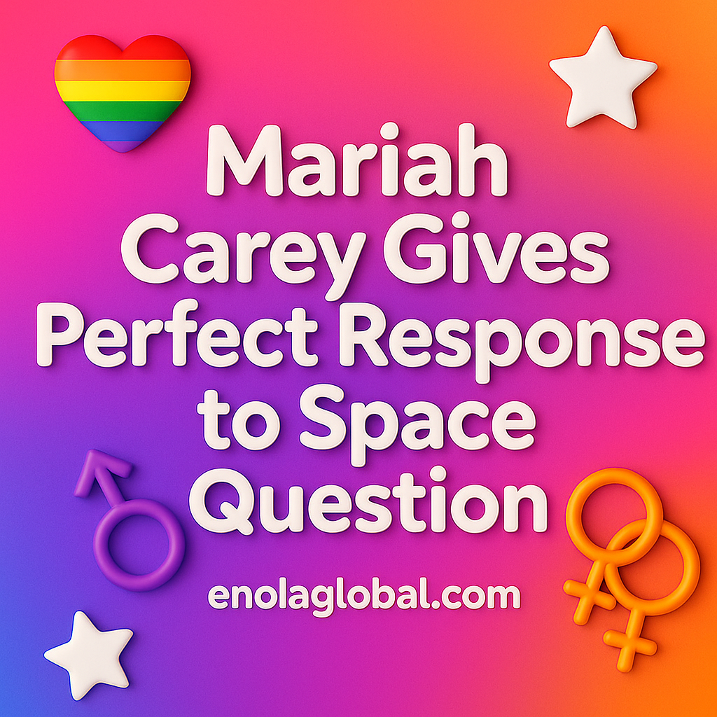 Square 2D graphic with bold white text reading “Mariah Carey Gives Perfect Response to Space Question” on a vibrant pink, purple, and orange gradient background, decorated with a Pride heart, white stars, and gender symbols, with “enolaglobal.com” at the bottom.