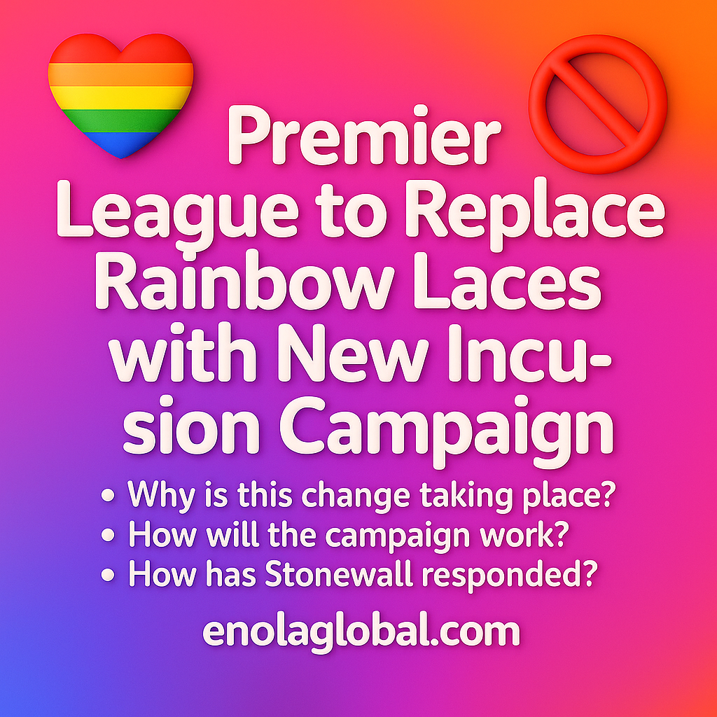 Square 2D graphic with a pink-to-orange gradient background featuring bold white text reading “Premier League to Replace Rainbow Laces with New Inclusion Campaign.” A rainbow Pride heart is in the top left corner, a red prohibition sign in the top right, and three bullet point questions appear below the headline. “enolaglobal.com” is placed at the bottom center.