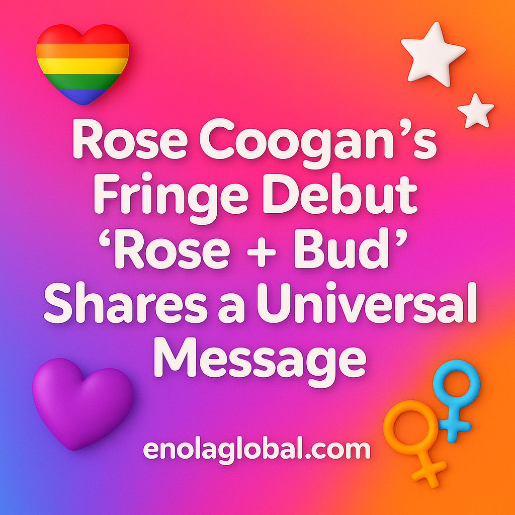Square 2D graphic with bold white text reading “Rose Coogan’s Fringe Debut ‘Rose + Bud’ Shares a Universal Message” on a vibrant magenta-to-orange gradient background, decorated with a Pride heart, stars, a purple heart, and gender symbols, with “enolaglobal.com” at the bottom.