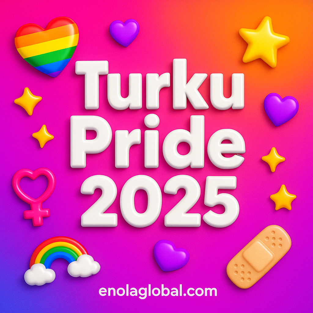 Square news graphic showing a post title named "Turku Pride 2025" in bold white text on a pink–orange–purple gradient, with a rainbow heart, purple heart, and interlinked female symbols; enolaglobal.com at the bottom.