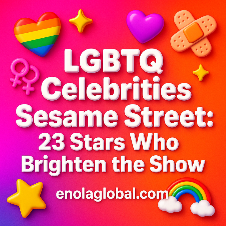LGBTQ Celebrities Sesame Street: 23 Stars Who Brighten the Show Square news graphic showing a post title named "LGBTQ Celebrities Sesame Street: 23 Stars Who Brighten the Show" in bold white text on a pink–orange–purple gradient, with a rainbow heart, purple heart, and interlinked female symbols; enolaglobal.com at the bottom.