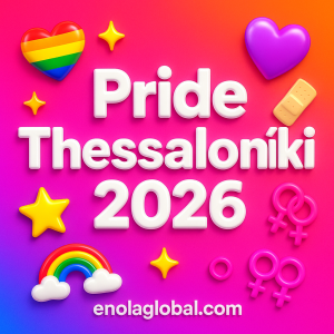 Square news graphic showing a post title named "Pride Thessaloniki 2026" in bold white text on a pink–orange–purple gradient, with a rainbow heart, purple heart, and interlinked female symbols; enolaglobal.com at the bottom.