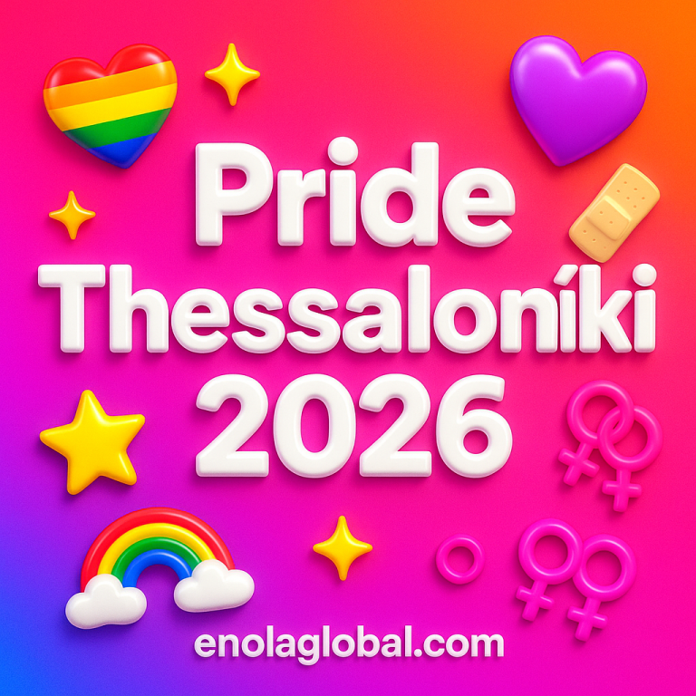Square news graphic showing a post title named "Pride Thessaloniki 2026" in bold white text on a pink–orange–purple gradient, with a rainbow heart, purple heart, and interlinked female symbols; enolaglobal.com at the bottom.