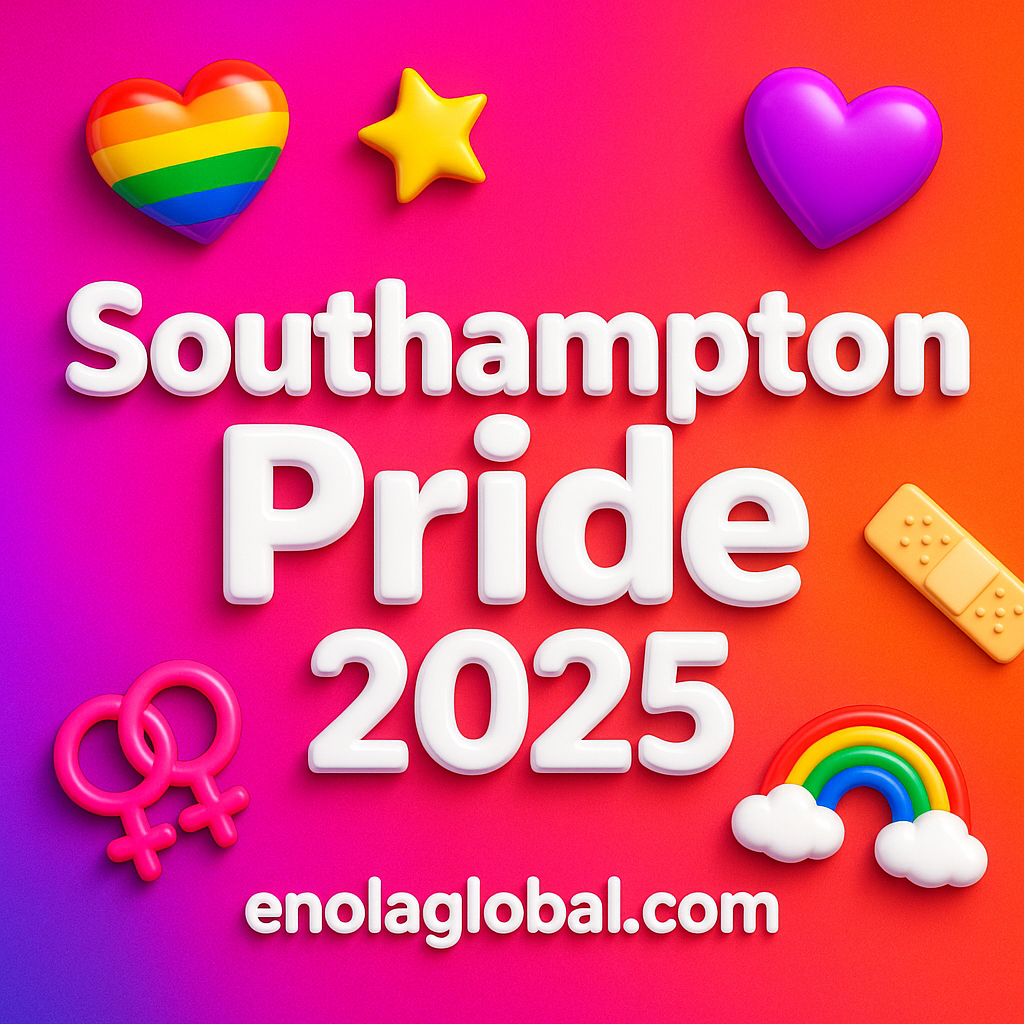 Square news graphic showing a post title named "Southampton Pride 2025" in bold white text on a pink–orange–purple gradient, with a rainbow heart, purple heart, and interlinked female symbols; enolaglobal.com at the bottom.