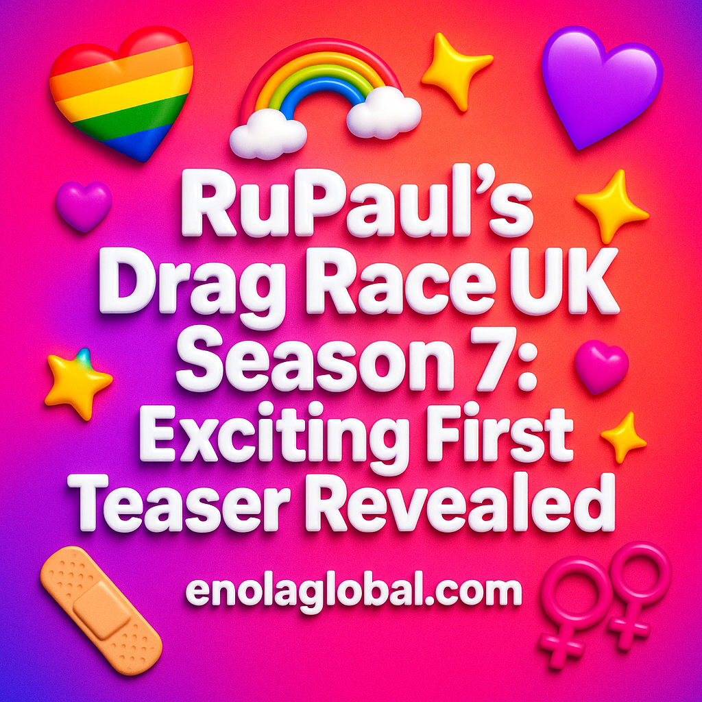 RuPauls Drag Race UK Season 7: Exciting First Teaser Revealed Square news graphic showing a post title named "RuPauls Drag Race UK Season 7: Exciting First Teaser Revealed" in bold white text on a pink–orange–purple gradient, with a rainbow heart, purple heart, and interlinked female symbols; enolaglobal.com at the bottom.