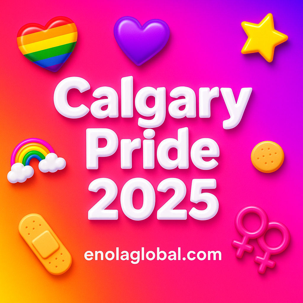 Square news graphic showing a post title named "Calgary Pride 2025" in bold white text on a pink–orange–purple gradient, with a rainbow heart, purple heart, and interlinked female symbols; enolaglobal.com at the bottom.