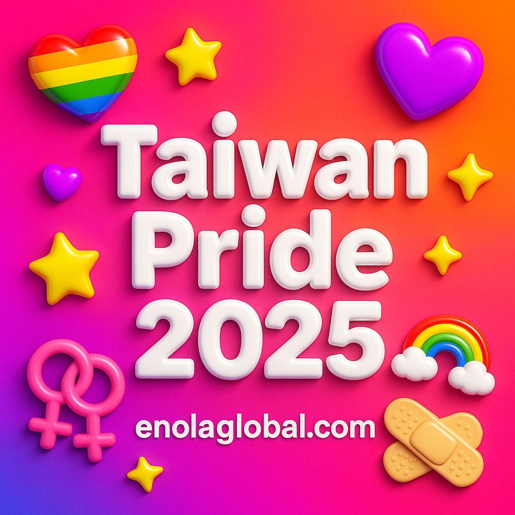 Square news graphic showing a post title named "Taiwan Pride 2025" in bold white text on a pink–orange–purple gradient, with a rainbow heart, purple heart, and interlinked female symbols; enolaglobal.com at the bottom.