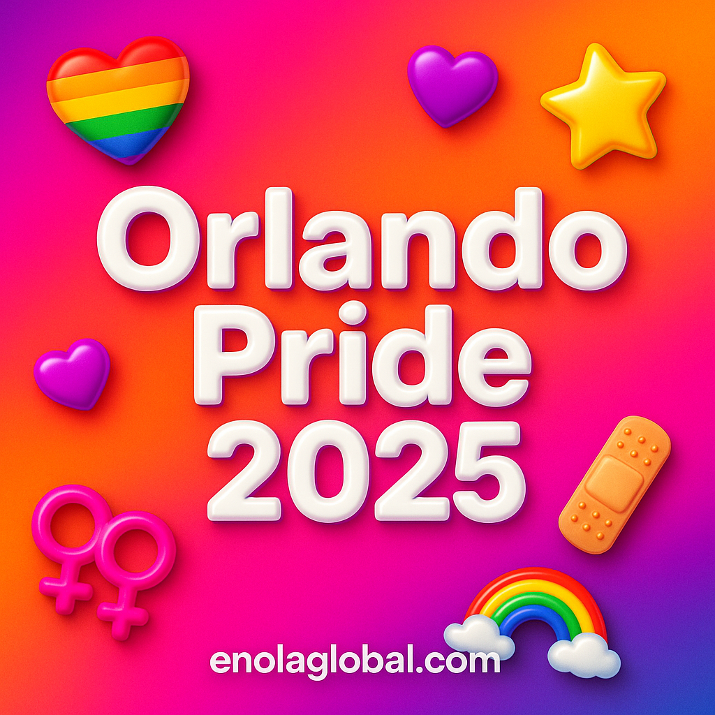 Square news graphic showing a post title named "Orlando Pride 2025" in bold white text on a pink–orange–purple gradient, with a rainbow heart, purple heart, and interlinked female symbols; enolaglobal.com at the bottom.